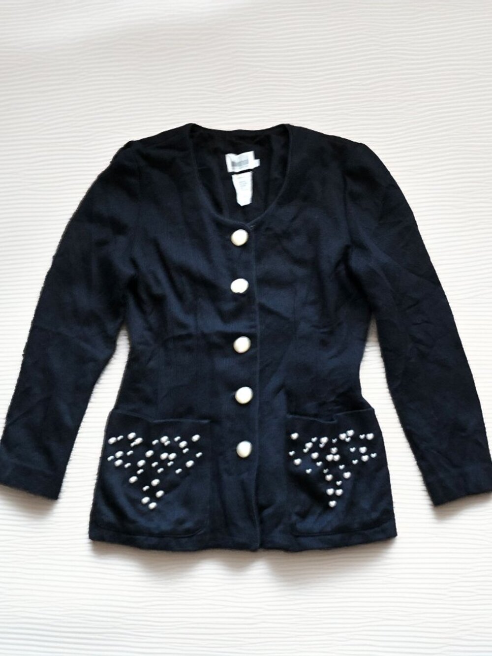 Vintage Leslie Fay Black Knit Cardigan Blazer Jacket Pearl Studded Pockets Sz6